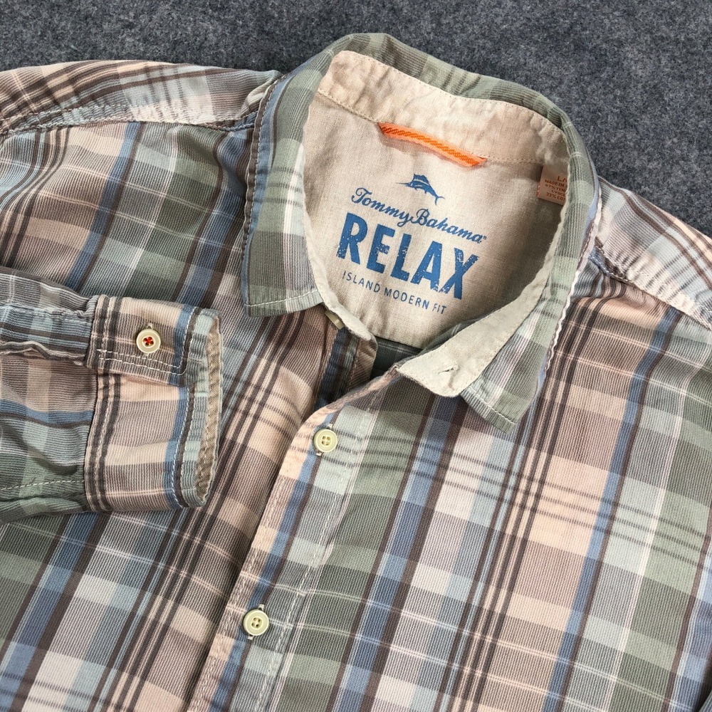 Tommy Bahama RELAX Mens Shirt L Light Blue Green Beige Plaid Long Sleeve Resort